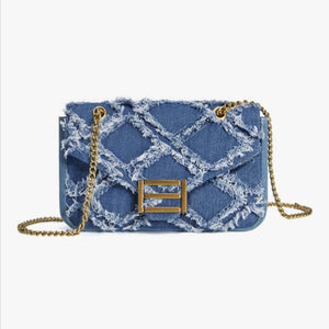 Denim Crossbody Bag with adjustable gold chain and distressed diamond pattern, perfect for casual and chic outfits. Made from durable denim material.