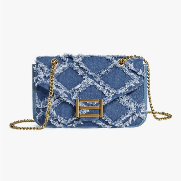 Denim Crossbody Bag with adjustable gold chain and distressed diamond pattern, perfect for casual and chic outfits. Made from durable denim material.
