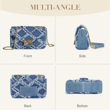 Front view of Denim Crossbody Bag - Adjustable Chain | Denim Material, featuring quilted distressed denim and gold chain strap.