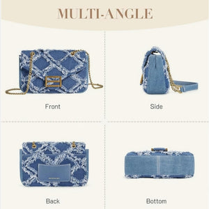 Front view of Denim Crossbody Bag - Adjustable Chain | Denim Material, featuring quilted distressed denim and gold chain strap.