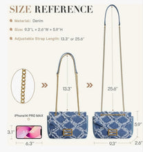 Denim Crossbody Bag with adjustable gold chain strap shown in two lengths, made from durable denim with quilted pattern and gold clasp closure.