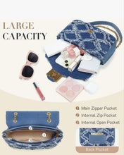 Denim Crossbody Bag - Adjustable Chain | Denim Material with large capacity, featuring main zipper, internal zip, and open pockets for essentials.