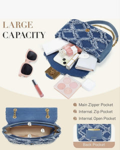 Denim Crossbody Bag - Adjustable Chain | Denim Material with large capacity, featuring main zipper, internal zip, and open pockets for essentials.