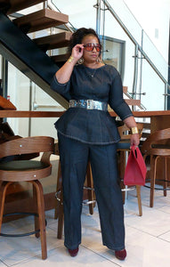 Stitch Denim Peplum Set|L to 3x