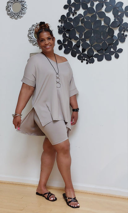 Back to Basic Set - Plus Size Biker Short Set in taupe featuring a hi-low V-neck top and fitted biker shorts. Comfortable and stylish loungewear outfit.